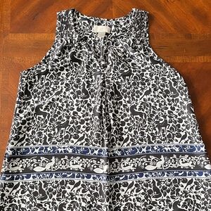 LOFT Black and White Floral Blouse with Blue Accents